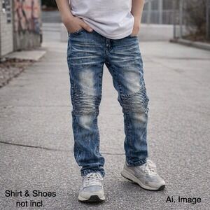 Mecca Boys Moto Jeans Sz. 14 Blue Distressed Biker Ribbed Y2K Streetwear HipHop